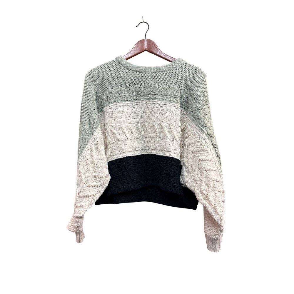 Colorblock Cable Knit Sweater - Sage, Cream & Black